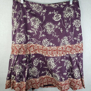 Liz & Co Womens Boho Floral Purple & Rust Side Zip Midi Skirt Sz 14. Euc